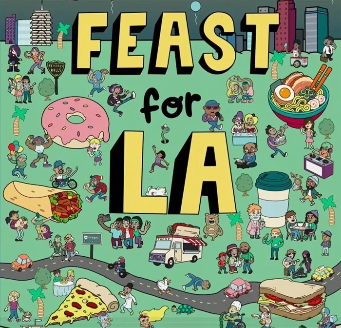 Illustration of diverse people and foods around large FEAST for LA text