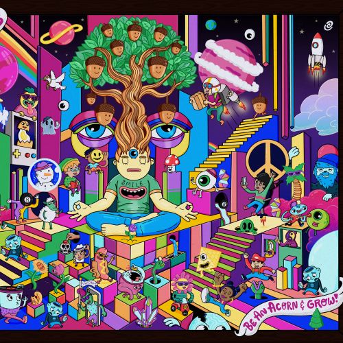 Surreal colorful meditation scene with a figure and whimsical cosmic objects by Daniel Sulzberg