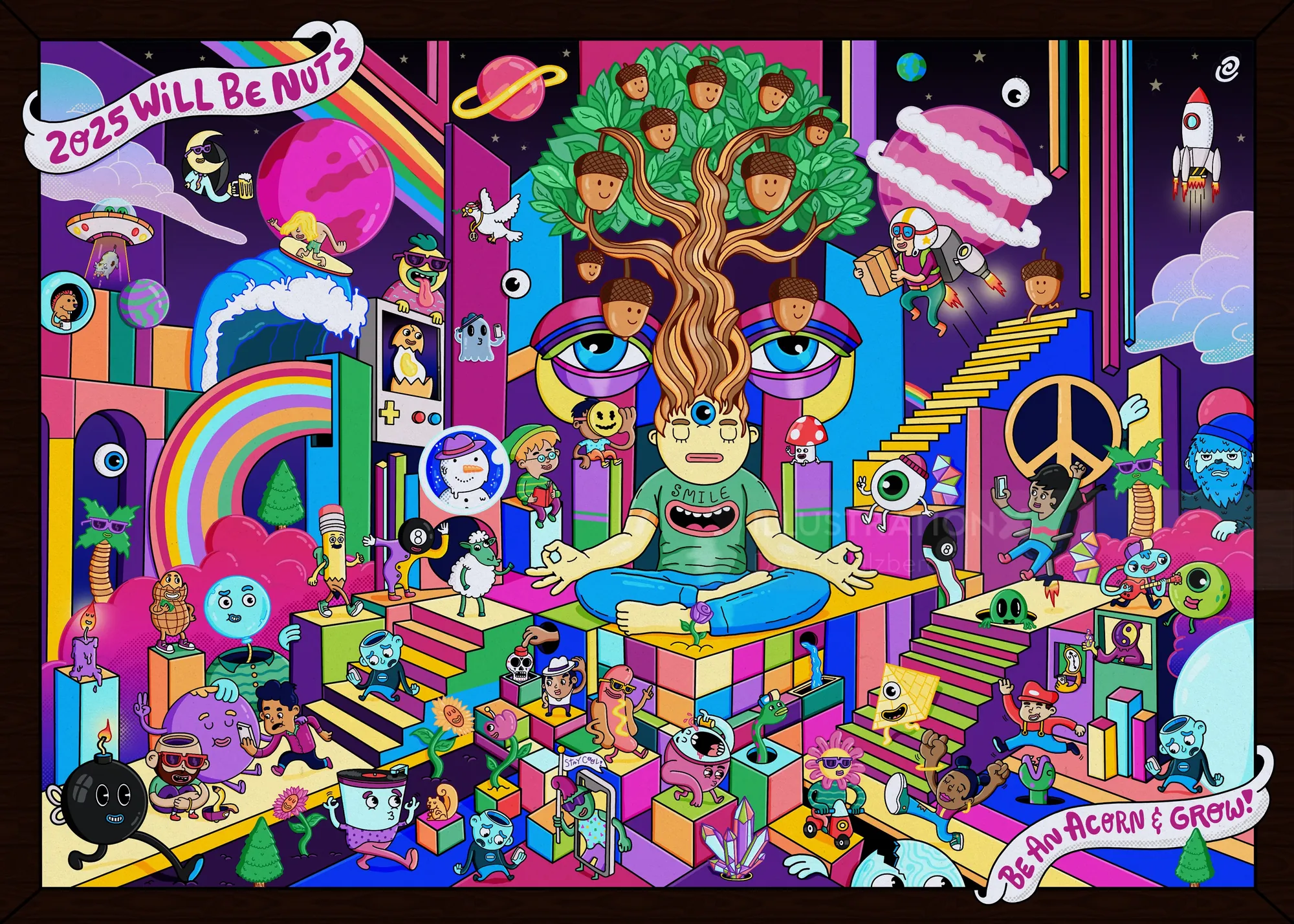 Surreal colorful meditation scene with a figure and whimsical cosmic objects by Daniel Sulzberg