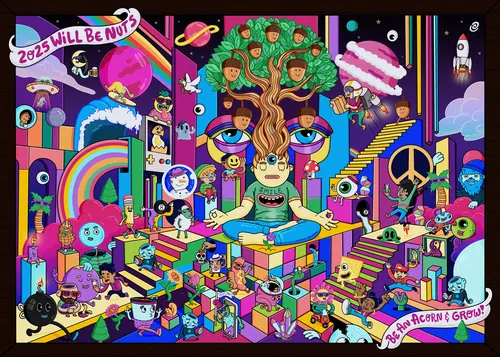 Surreal colorful meditation scene with a figure and whimsical cosmic objects by Daniel Sulzberg