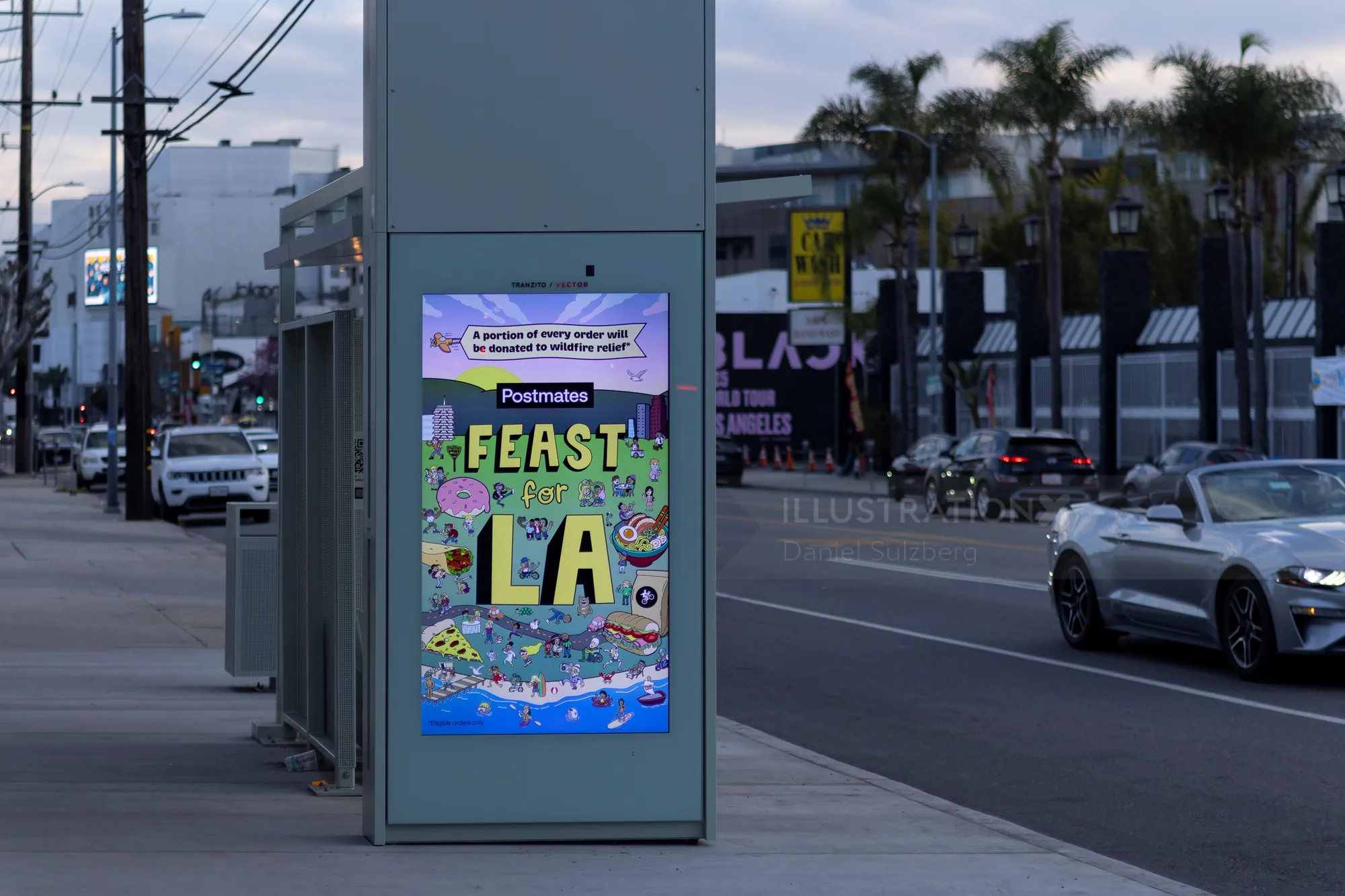 Digital billboard showing Feast LA event poster by Daniel Sulzberg