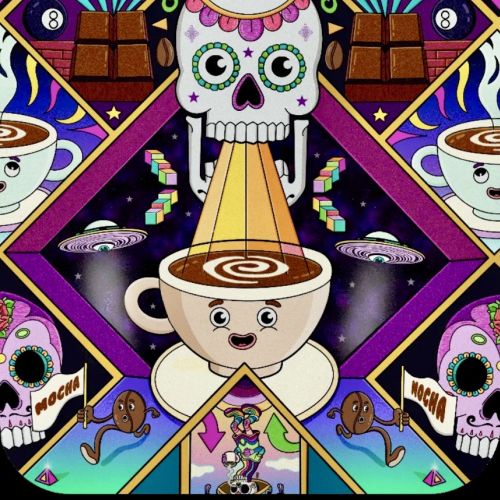 Vibrant skull and coffee cup illustration by Daniel Sulzberg