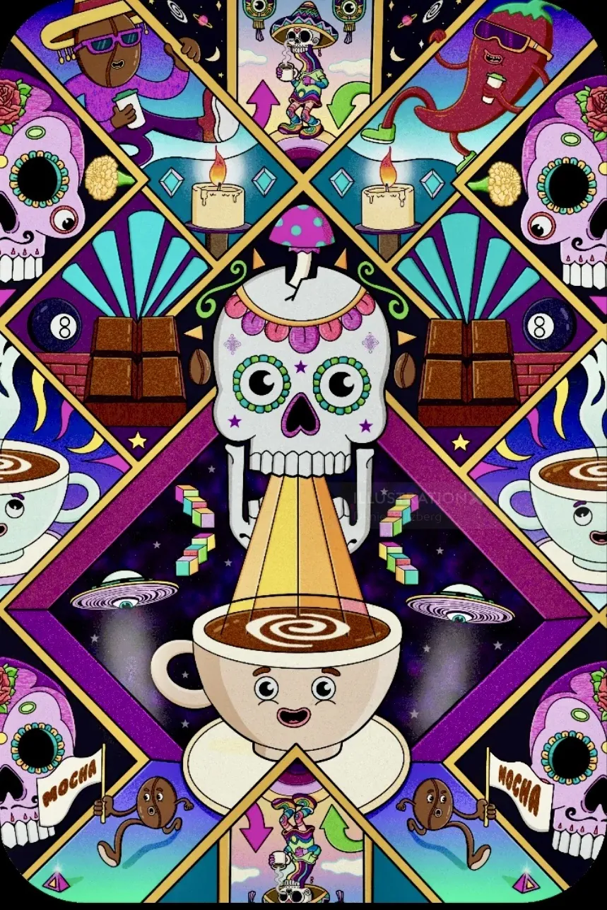 Vibrant skull and coffee cup illustration by Daniel Sulzberg