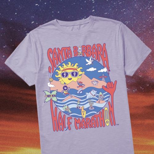 T-shirt with Santa Barbara Half Marathon colorful graphic by artist Daniel Sulzberg