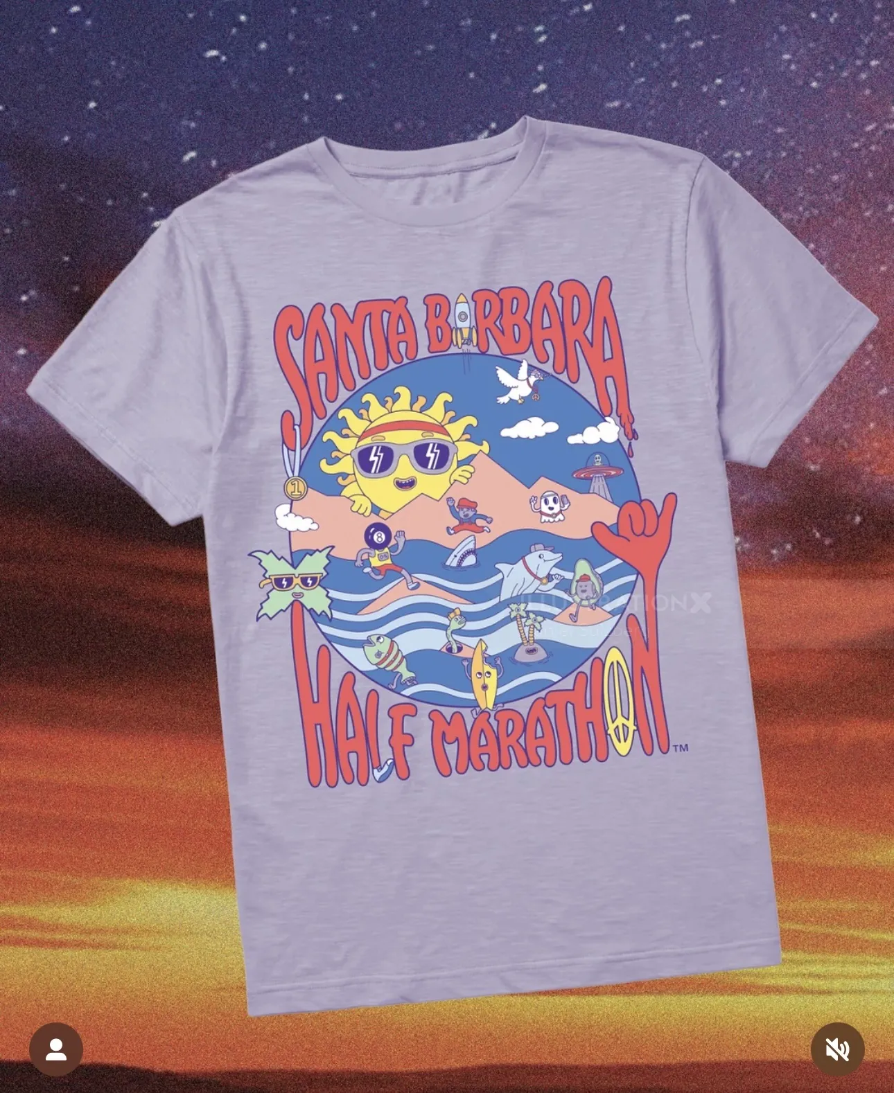 T-shirt with Santa Barbara Half Marathon colorful graphic by artist Daniel Sulzberg