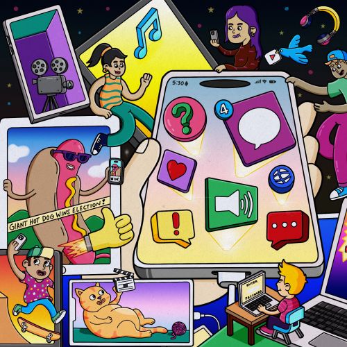 Colorful digital communication scene with diverse characters and devices by Daniel Sulzberg