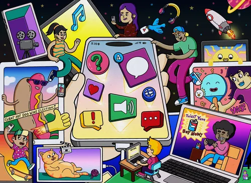Colorful digital communication scene with diverse characters and devices by Daniel Sulzberg