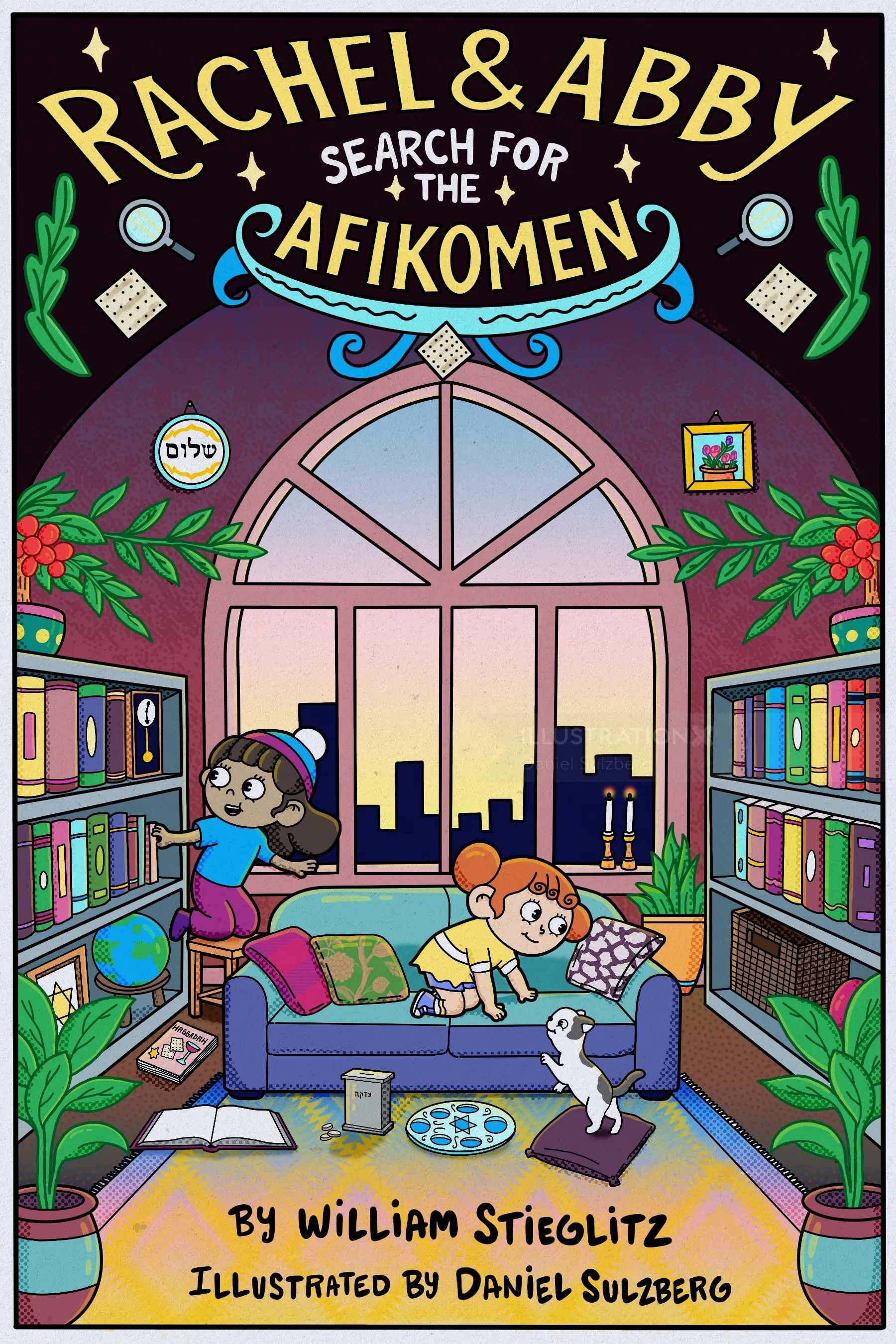 Children searching for afikomen in a vibrant room with cityscape by Daniel Sulzberg