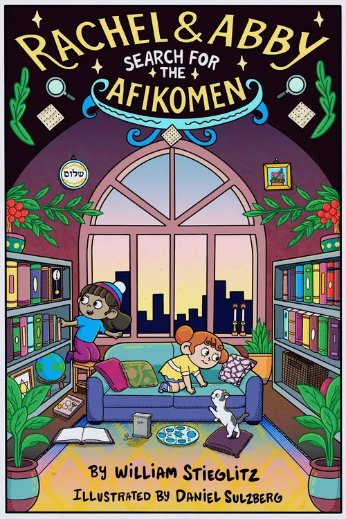 Children searching for afikomen in a vibrant room with cityscape by Daniel Sulzberg