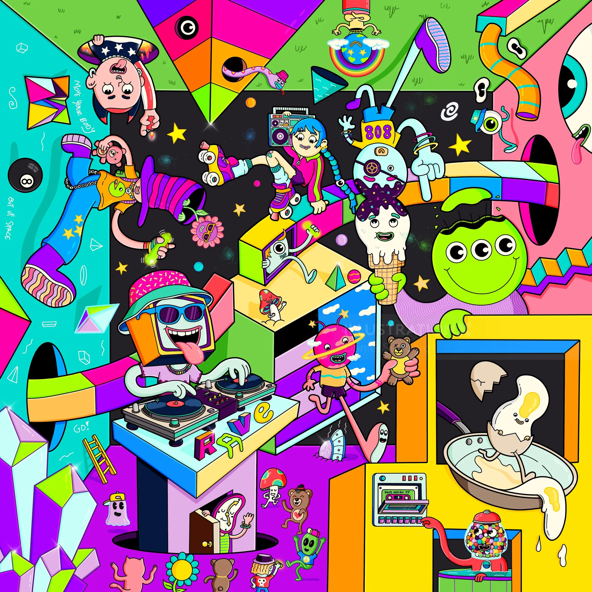 Colorful whimsical cartoon collage with diverse characters by Daniel Sulzberg