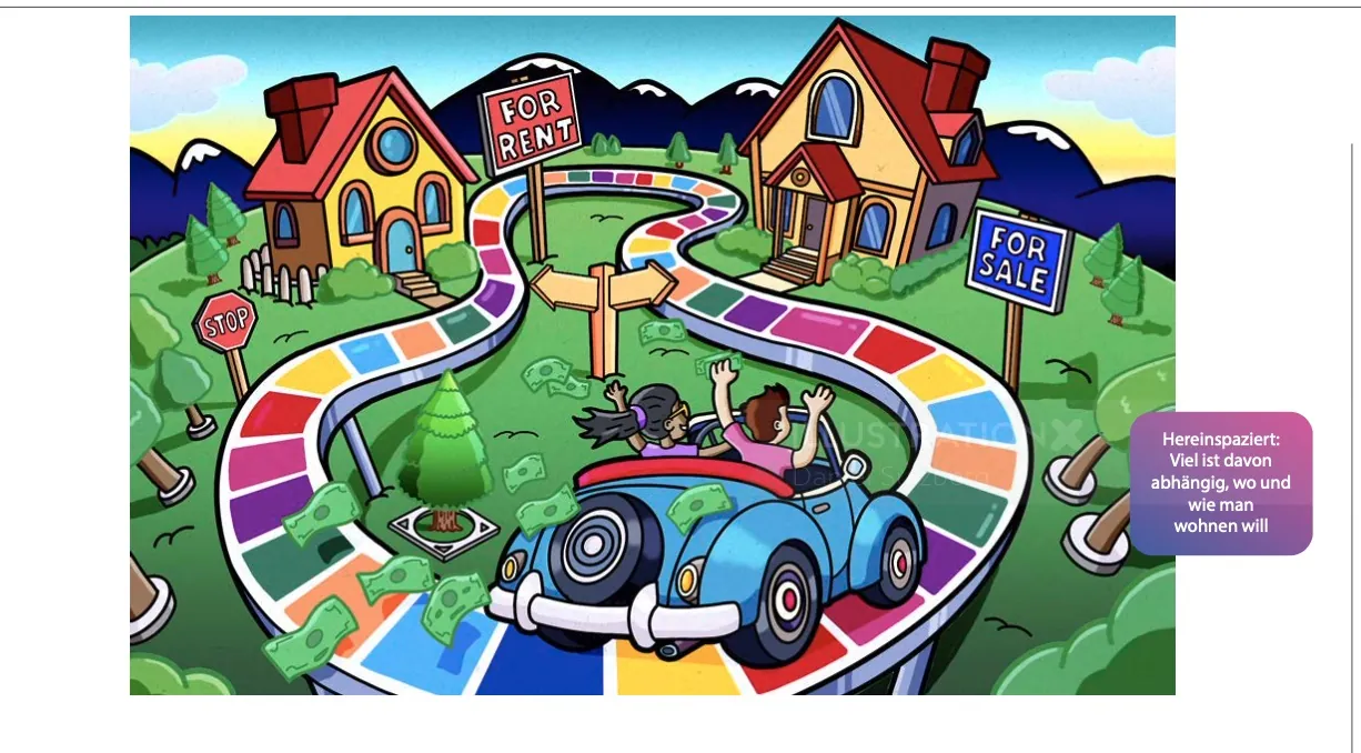 Colorful board game with car driving between houses by Daniel Sulzberg