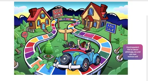 Colorful board game with car driving between houses by Daniel Sulzberg