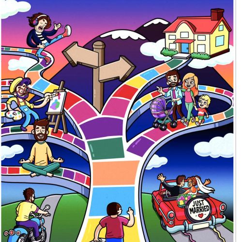 Colorful illustration of diverse people on paths with house and signpost by Daniel Sulzberg