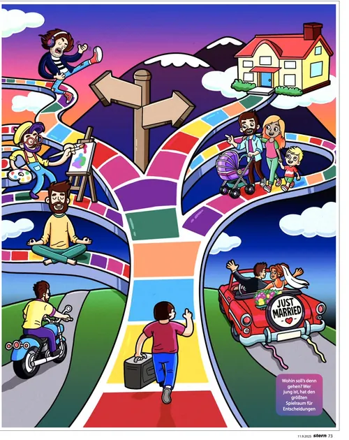 Colorful illustration of diverse people on paths with house and signpost by Daniel Sulzberg