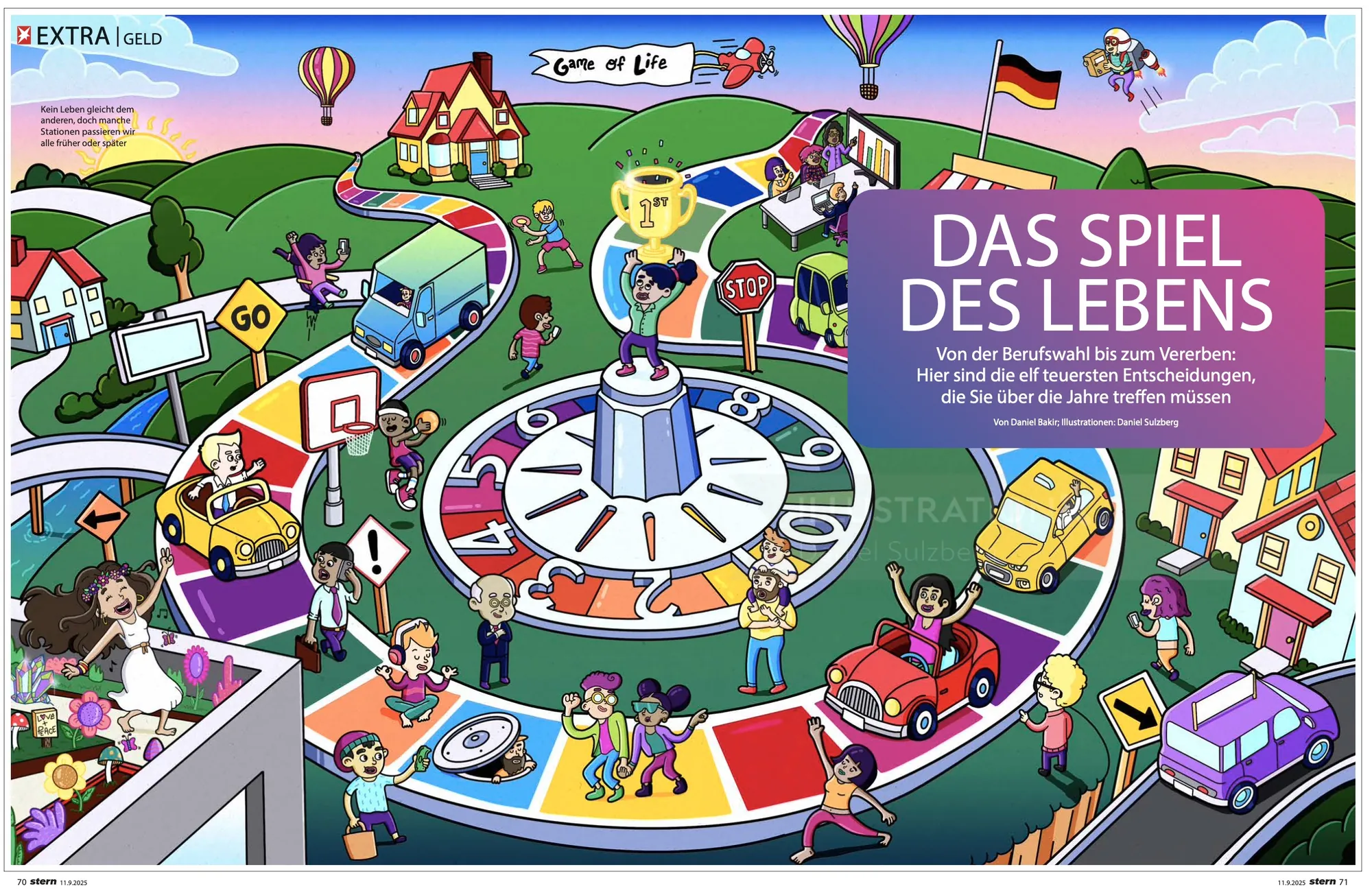 Colorful life board game scene with houses, cars, balloons by Daniel Sulzberg