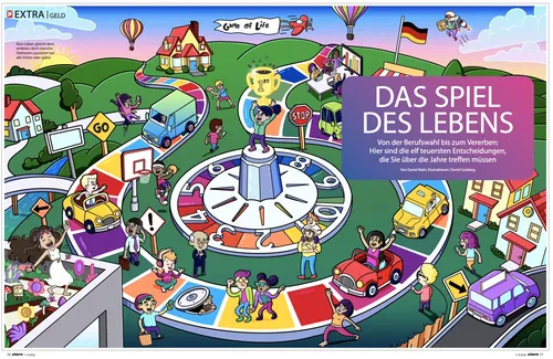 Colorful life board game scene with houses, cars, balloons by Daniel Sulzberg