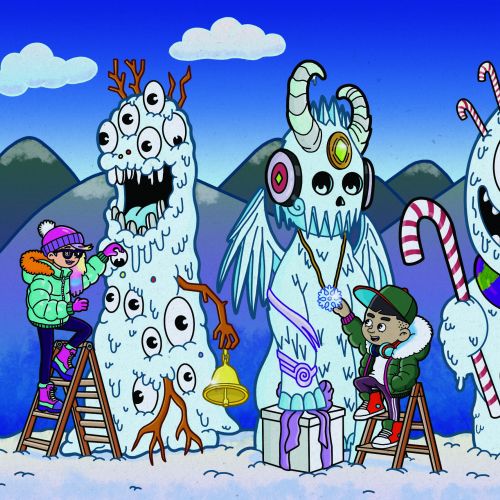 Children building snow monsters decorated with candy canes and horns in mountains by Daniel Sulzberg
