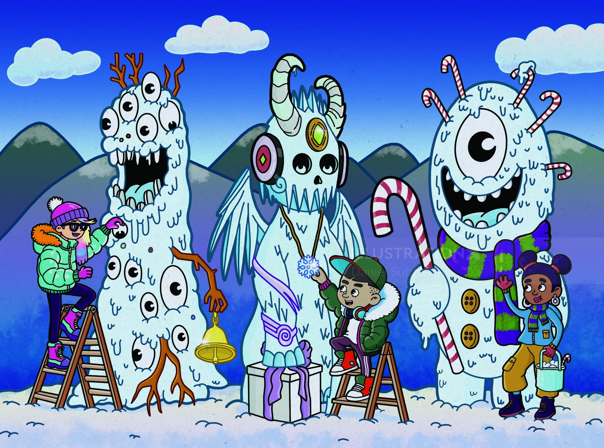 Children building snow monsters decorated with candy canes and horns in mountains by Daniel Sulzberg