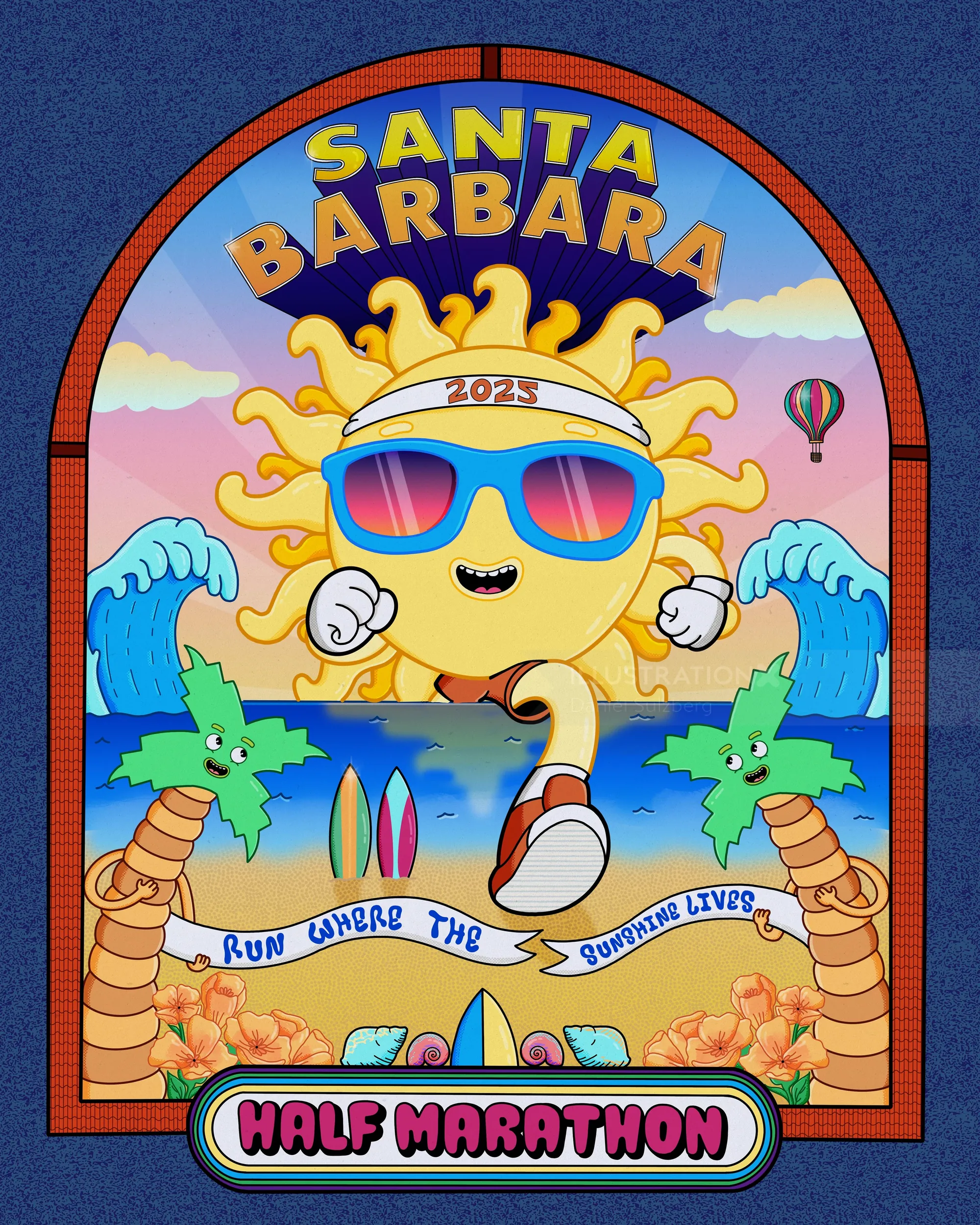 Sun character running with sunglasses in Santa Barbara Half Marathon poster by Daniel Sulzberg