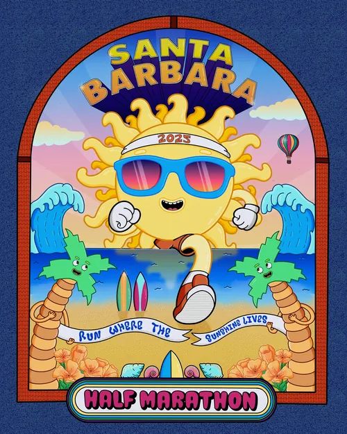 Sun character running with sunglasses in Santa Barbara Half Marathon poster by Daniel Sulzberg