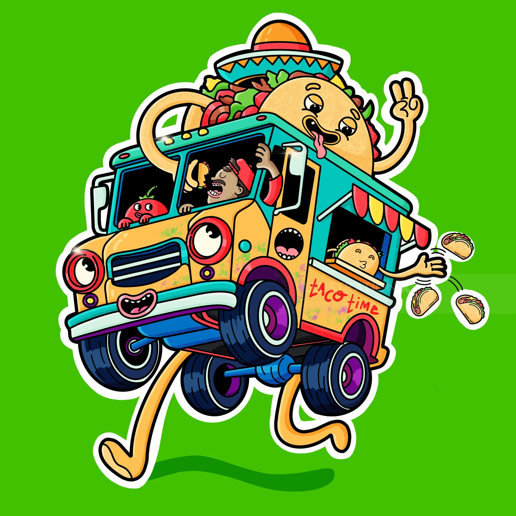 Animated taco truck with dancing legs and taco character by Daniel Sulzberg