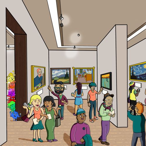 Art gallery interior with people viewing paintings by Daniel Sulzberg