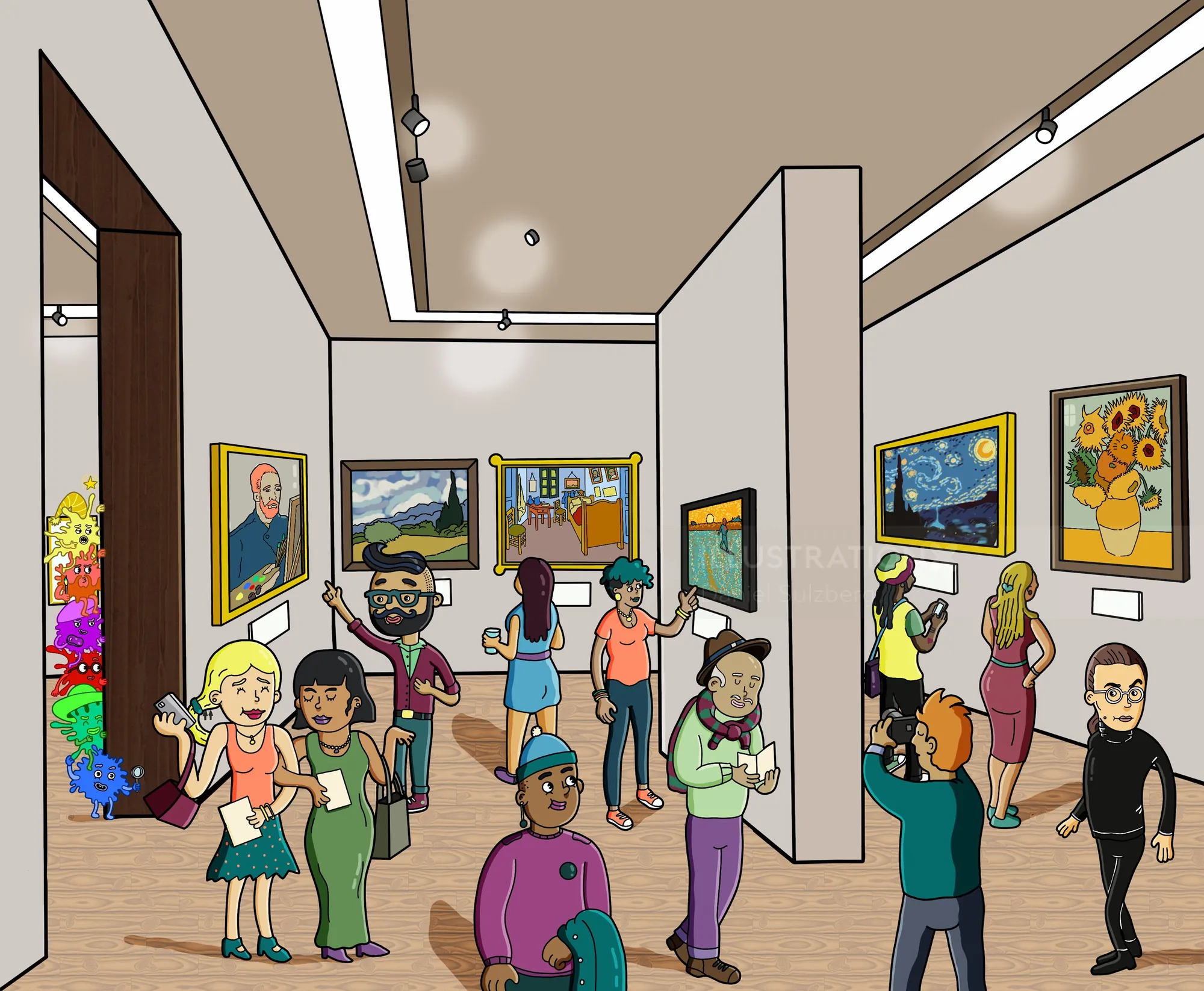 Art gallery interior with people viewing paintings by Daniel Sulzberg