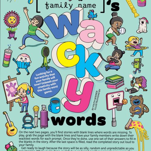 Colorful illustration of diverse characters and objects around Wacky Words text by Daniel Sulzberg