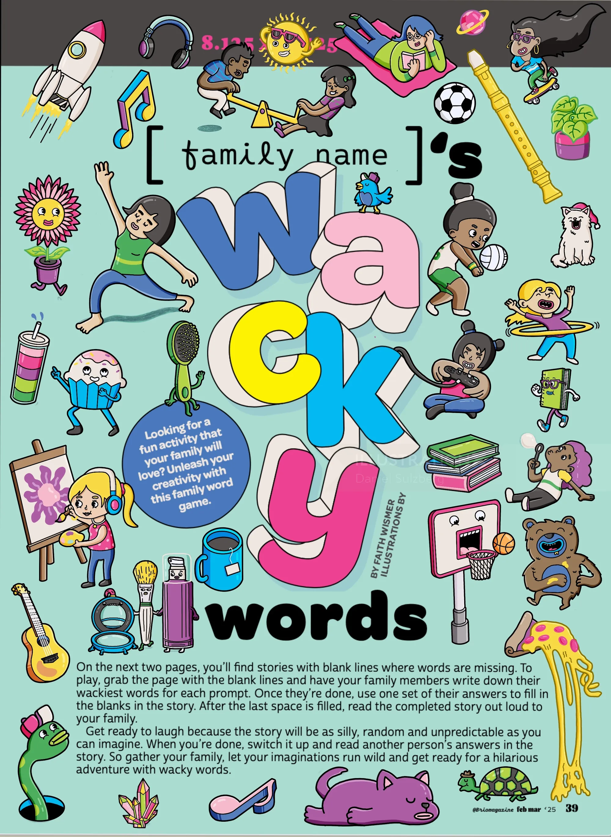 Colorful illustration of diverse characters and objects around Wacky Words text by Daniel Sulzberg
