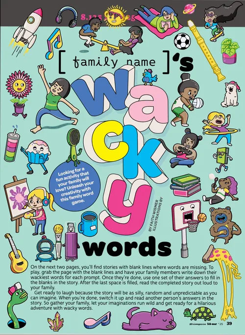 Colorful illustration of diverse characters and objects around Wacky Words text by Daniel Sulzberg