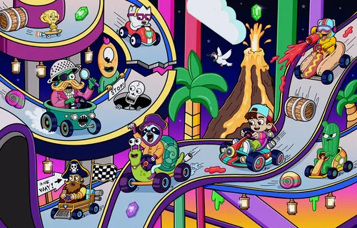 Colorful cartoon characters racing go-karts on a winding track by Daniel Sulzberg