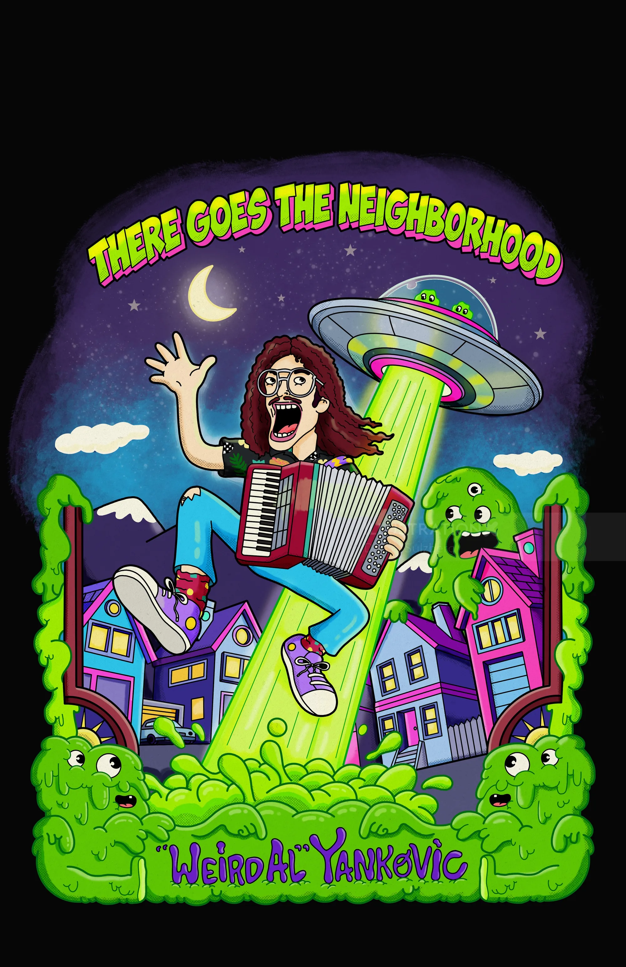 Alien spacecraft abducts accordion player in cartoon style by Daniel Sulzberg