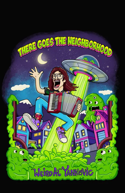 Alien spacecraft abducts accordion player in cartoon style by Daniel Sulzberg