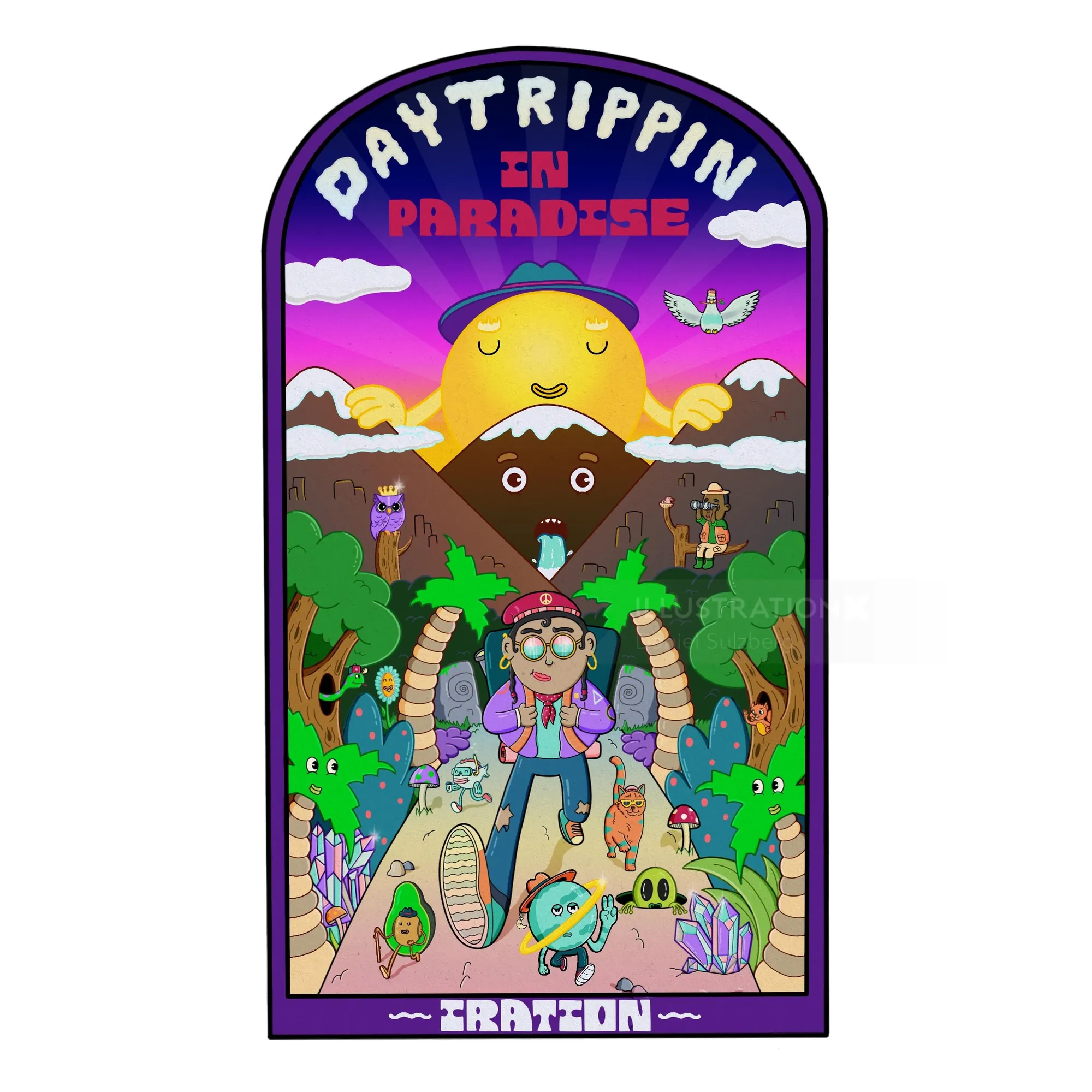 Daytrippin in Paradise cartoon with character and animals by Daniel Sulzberg
