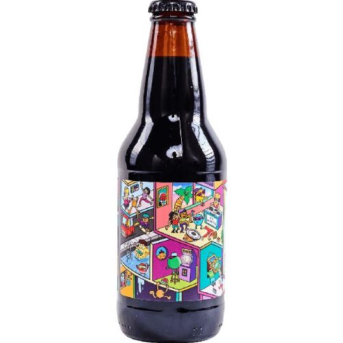 Dark beer bottle with colorful geometric and miniature room illustrations on label by Daniel Sulzber