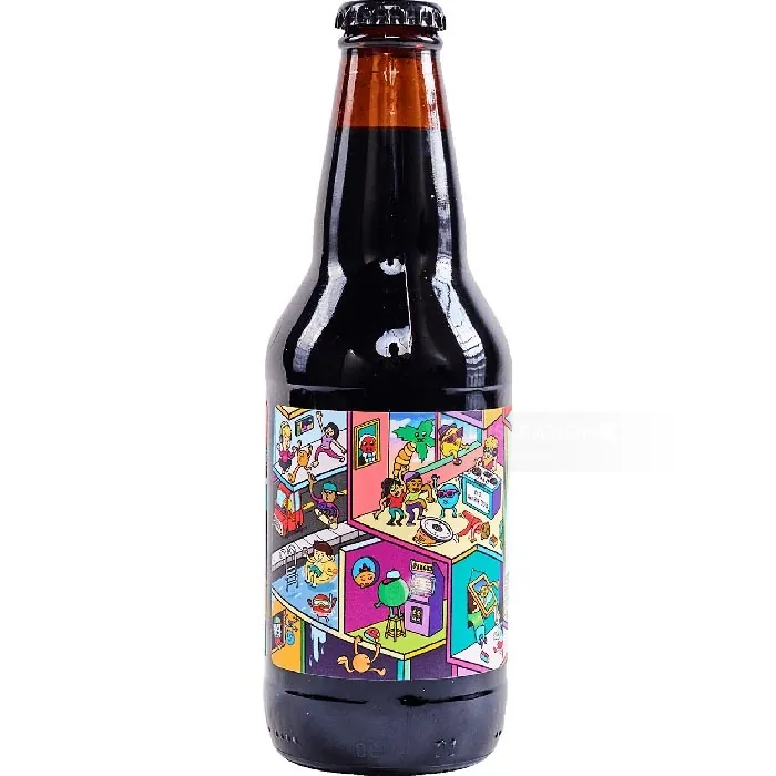 Dark beer bottle with colorful geometric and miniature room illustrations on label by Daniel Sulzber