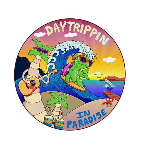 Cartoon turtles surfing and playing music on tropical beach by Daniel Sulzberg