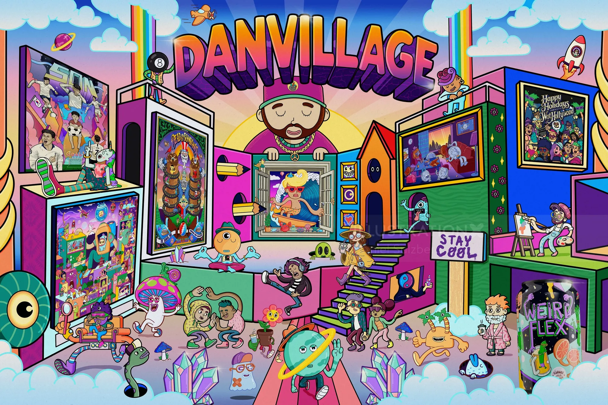 Colorful animated Danvillage scene with diverse characters and activities by Daniel Sulzberg