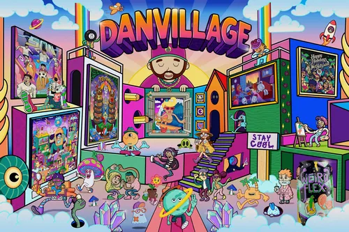 Colorful animated Danvillage scene with diverse characters and activities by Daniel Sulzberg
