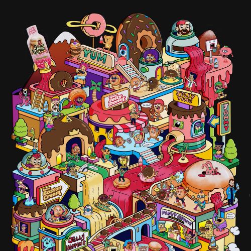 Daniel Sulzberg illustration of a colorful whimsical candy city filled with shops, snacks, and chara