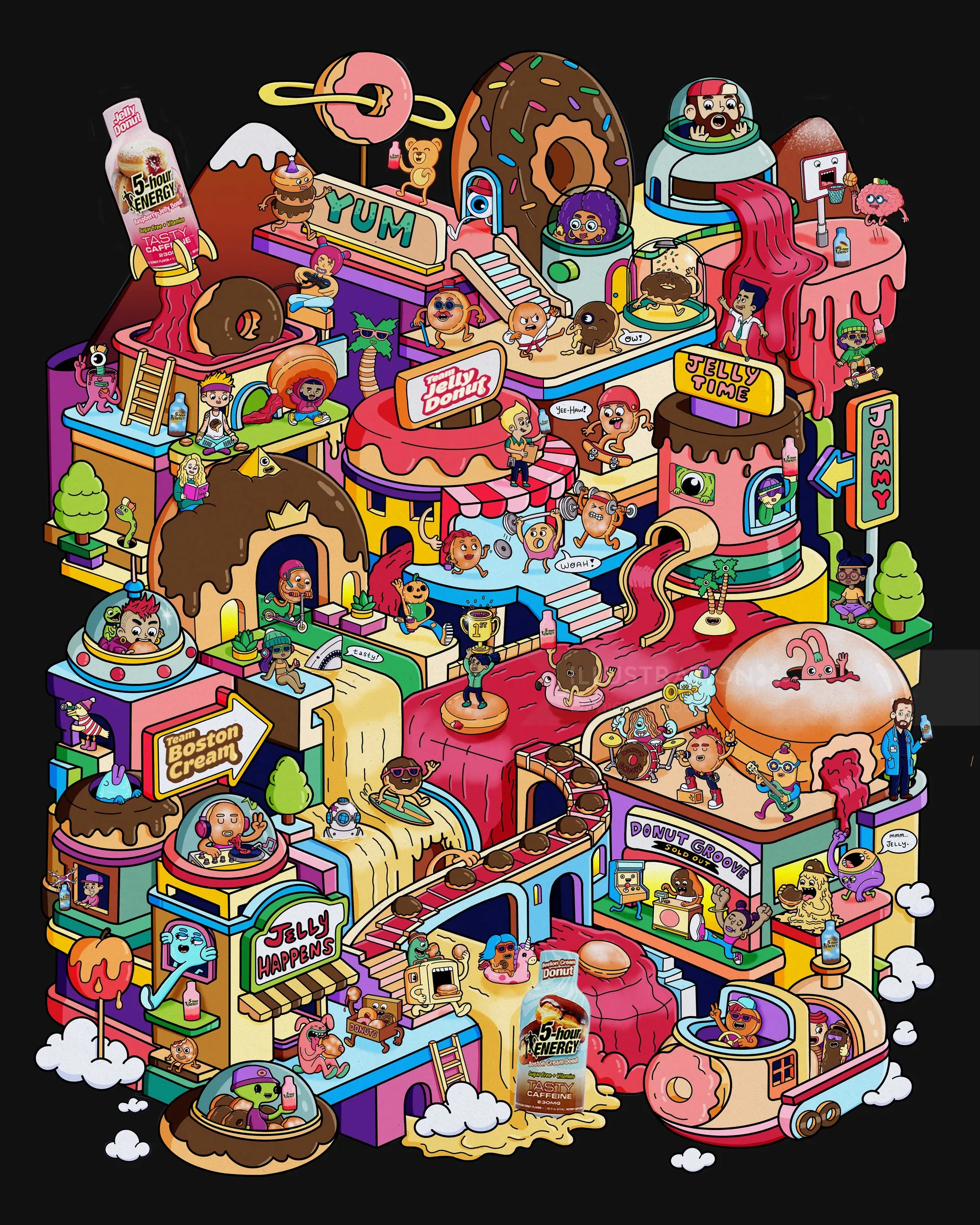 Daniel Sulzberg illustration of a colorful whimsical candy city filled with shops, snacks, and chara