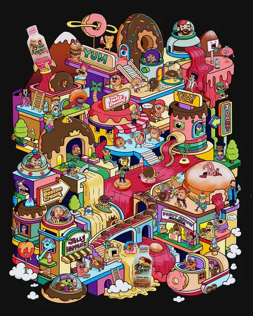 Daniel Sulzberg illustration of a colorful whimsical candy city filled with shops, snacks, and chara