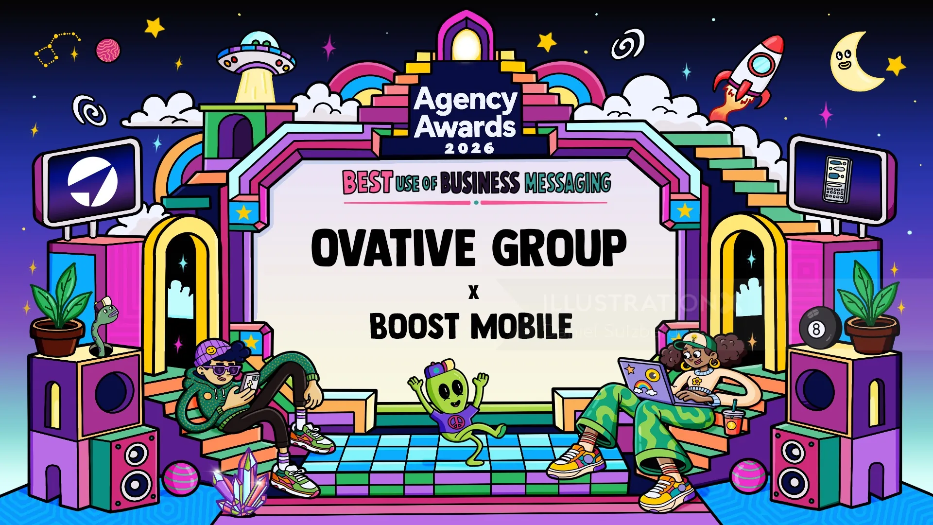 Colorful Daniel Sulzberg illustration featuring Ovative Group and Boost Mobile