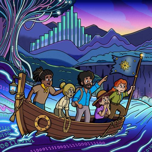 Daniel Sulzberg illustration of travelers sailing toward a mountain waterfall