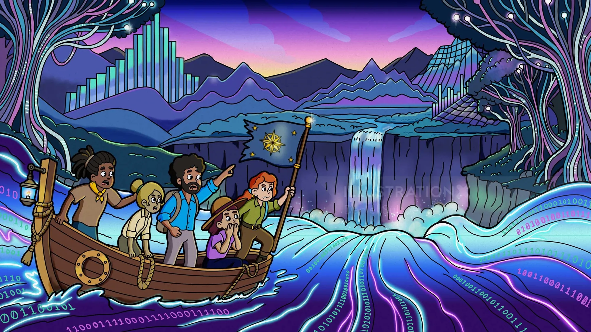 Daniel Sulzberg illustration of travelers sailing toward a mountain waterfall
