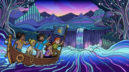Daniel Sulzberg illustration of travelers sailing toward a mountain waterfall