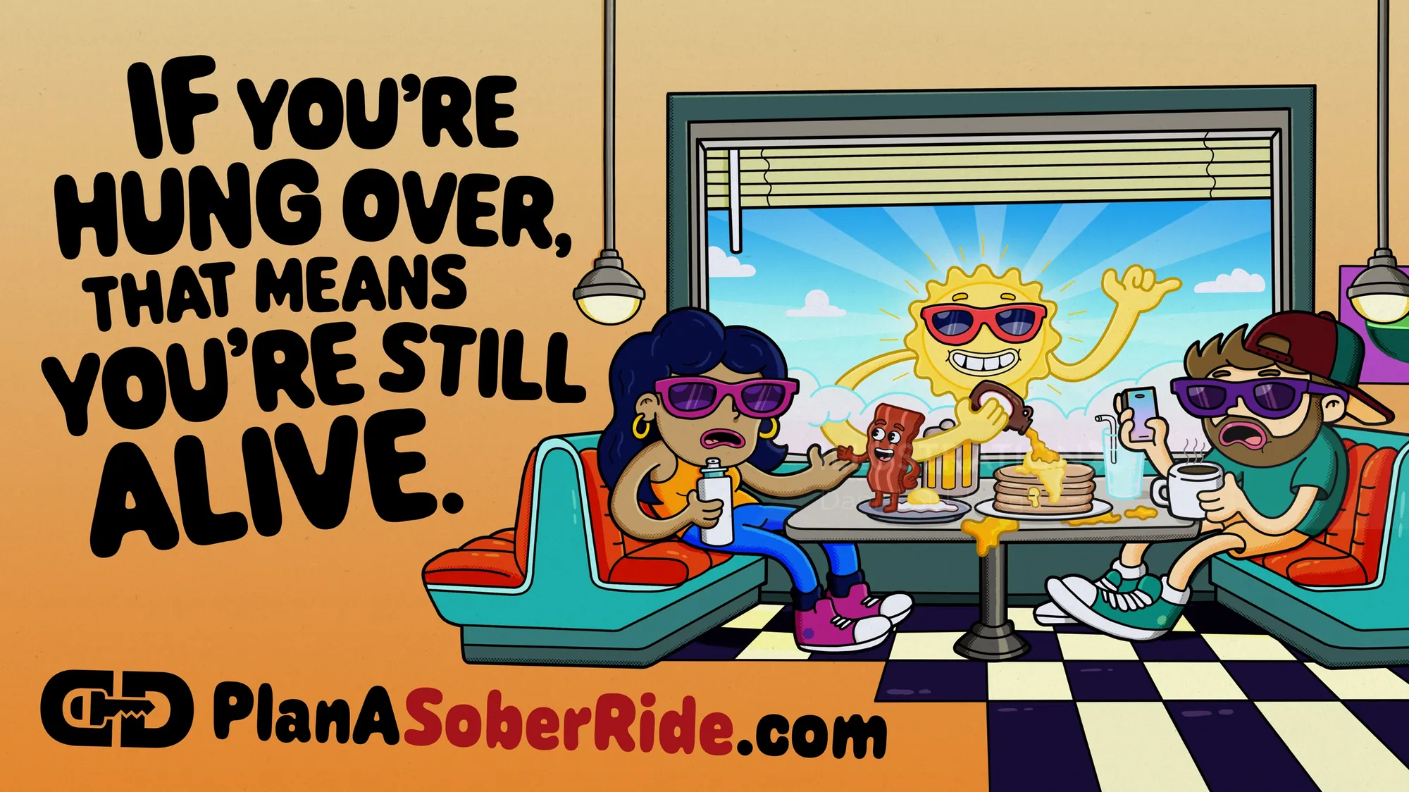 Daniel Sulzberg cartoon ad for PianaSoberRide.com featuring passengers in a vehicle