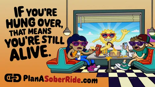 Daniel Sulzberg cartoon ad for PianaSoberRide.com featuring passengers in a vehicle
