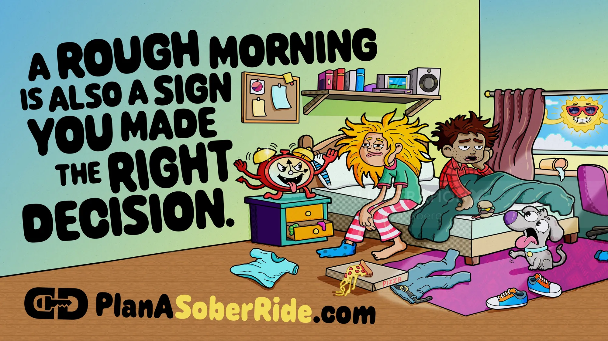 Daniel Sulzberg illustration of a tired family navigating a chaotic morning