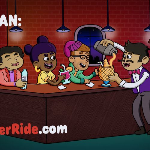 Daniel Sulzberg cartoon of friends laughing at a bar with a sober ride message.